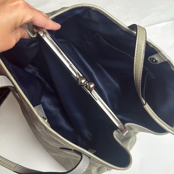 Coach Stitch Framed Kisslock Carryall Tote Bag in Olive / Gray Leather - Picture 9 of 13